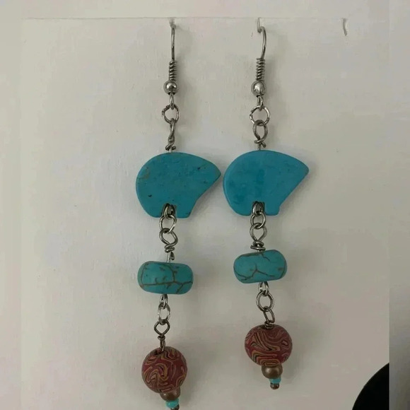 Dangle earrings for pierced ears, turquoise bear, 3” dangle - Picture 2 of 3
